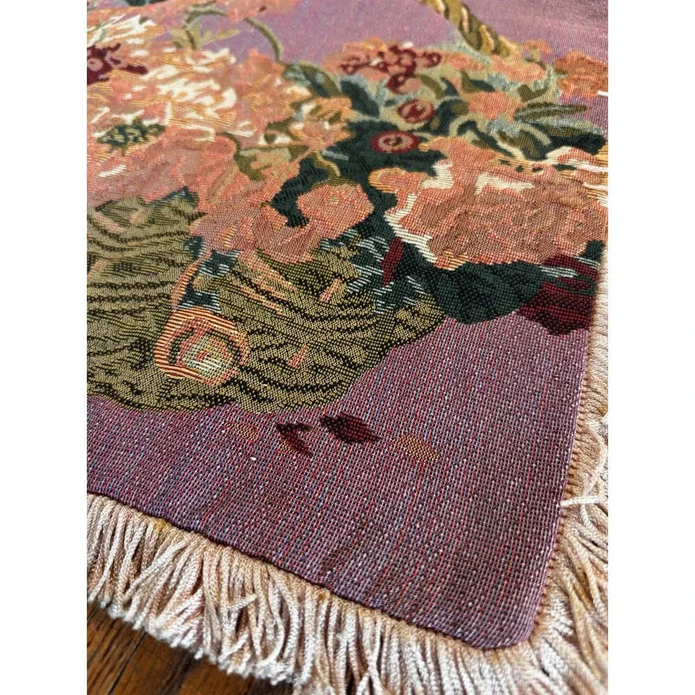 Vintage Needlepoint Pillow Covers With Velvet Backing & Fringe Basket Of Flowers